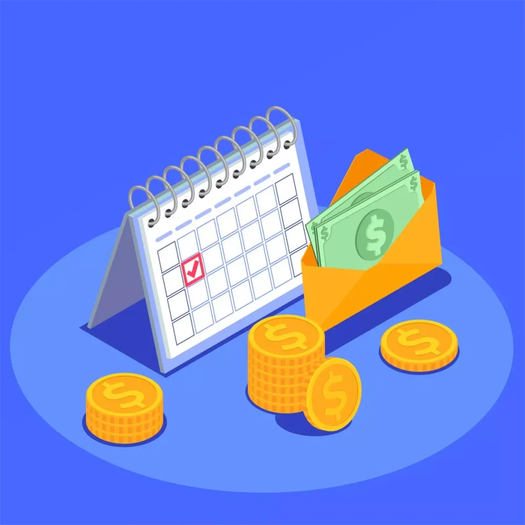 Ilustração representando o pagamento do 13° salário do empregado doméstico, com calendário, dinheiro, envelope e moedas, destacando o benefício financeiro anual.