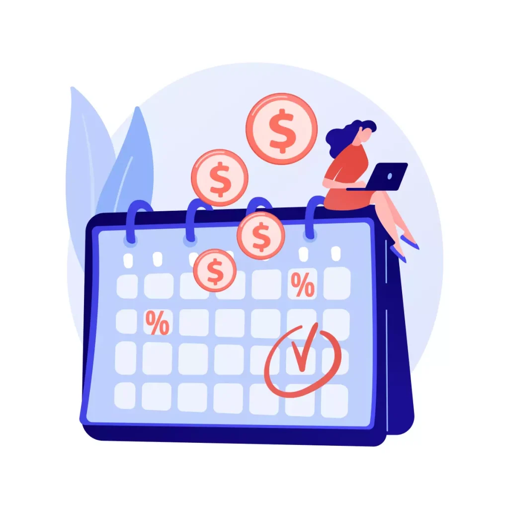 Ilustração de uma doméstica usando um tablet, com calendário marcando a antecipação do 13º salário nas férias, simbolizando planejamento financeiro para empregadas domésticas.