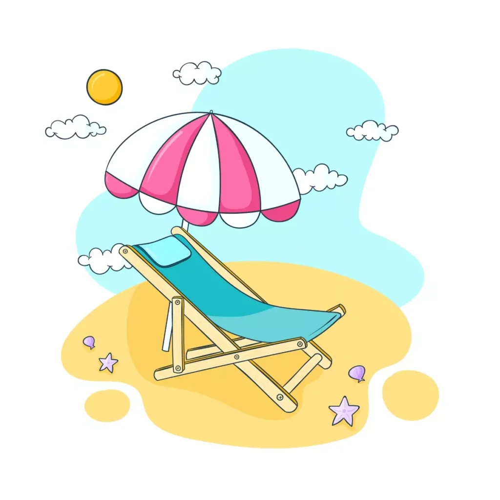 Imagem de uma cadeira de praia com guarda-sol em uma praia, representando direito a férias para doméstica que trabalha 3 vezes na semana.