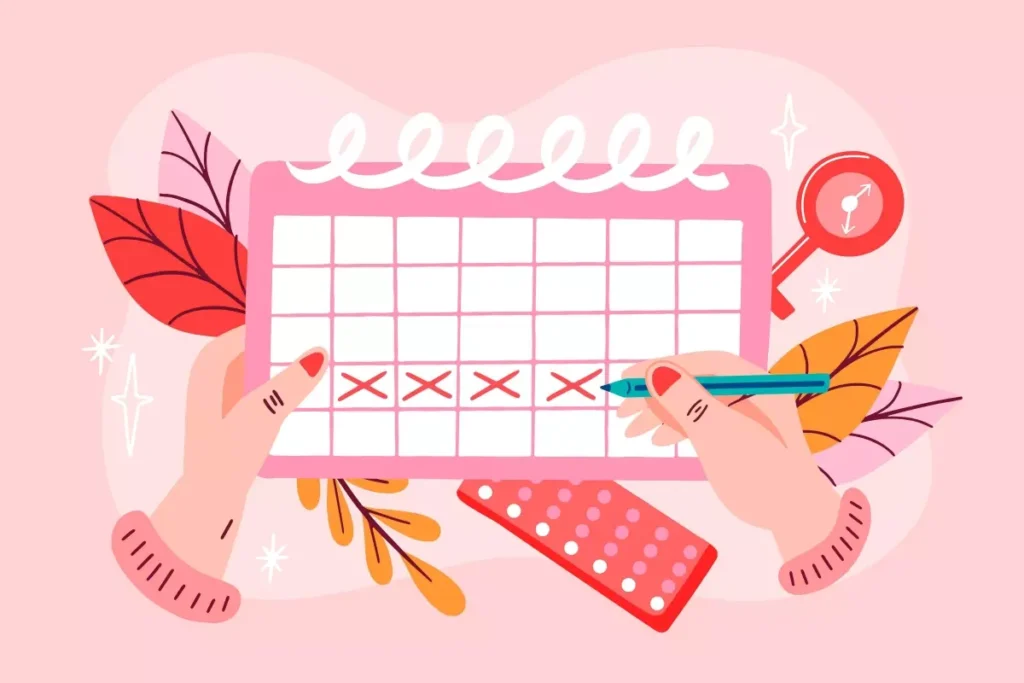 Ilustração de uma mulher marcando um calendário cheio de Xs, simbolizando as férias antes da licença-maternidade, com detalhes em cores femininas e folhas decorativas ao redor.