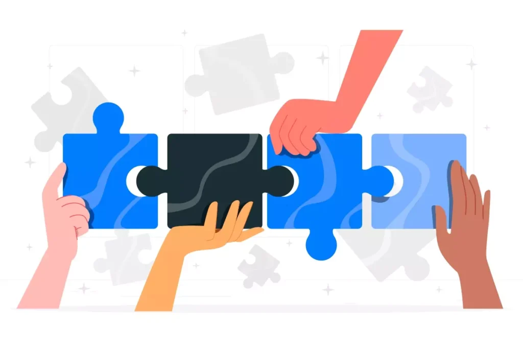 Ilustraçao representando a importância das obrigações do empregador doméstico no Brasil, com mãos encaixando peças de quebra-cabeça simbolizando responsabilidades, legislação e direitos trabalhistas.