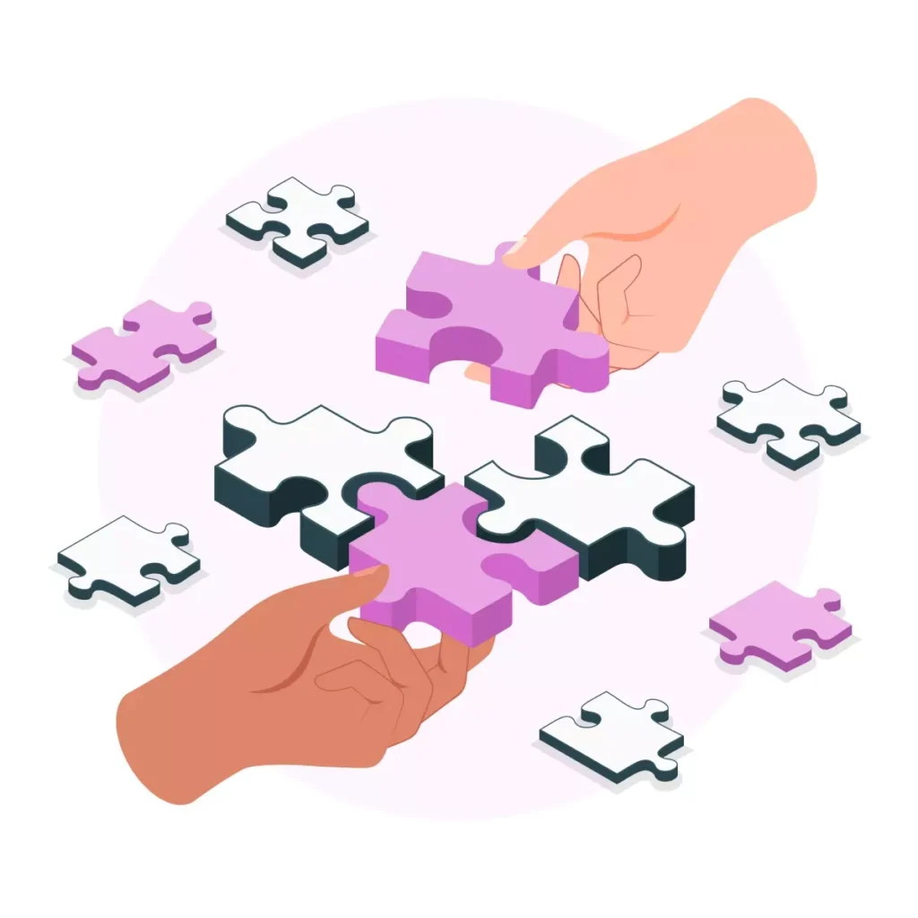 Ilustração de mãos encaixando peças de quebra-cabeça que representam as obrigações do empregador doméstico, simbolizando a integração de responsabilidades.