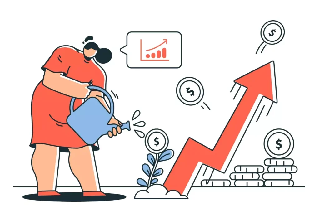 Ilustração representando o aumento do valor do seguro-desemprego para empregadas domésticas, com uma mulher regando uma planta onde uma seta ascendente simboliza crescimento e melhorias financeiras.