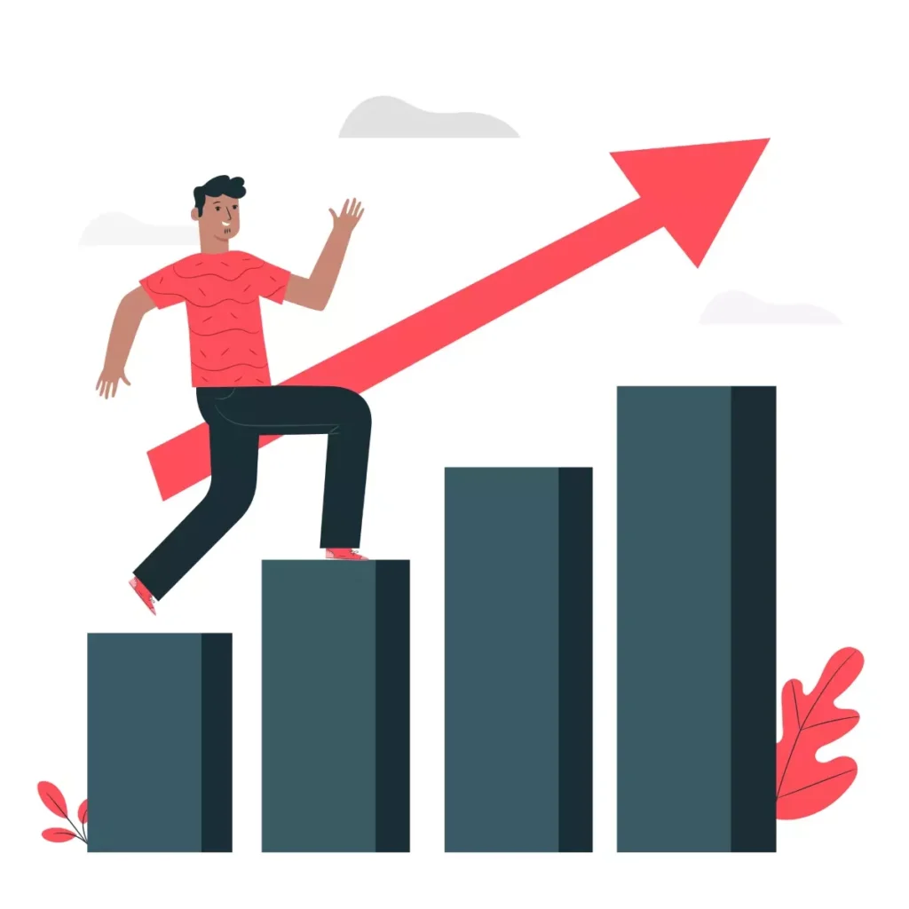 Ilustração de um homem subindo uma escada de blocos com uma seta vermelha apontando para cima, simbolizando aumento no valor do seguro-desemprego para empregada doméstica.