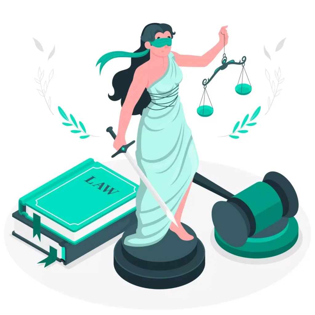 Ilustração de uma mulher vestida de toga de justiça segurando uma balança, símbolo de direito e justiça, ao lado de um martelo de juiz e um livro de leis, representando ações trabalhistas no emprego doméstico.