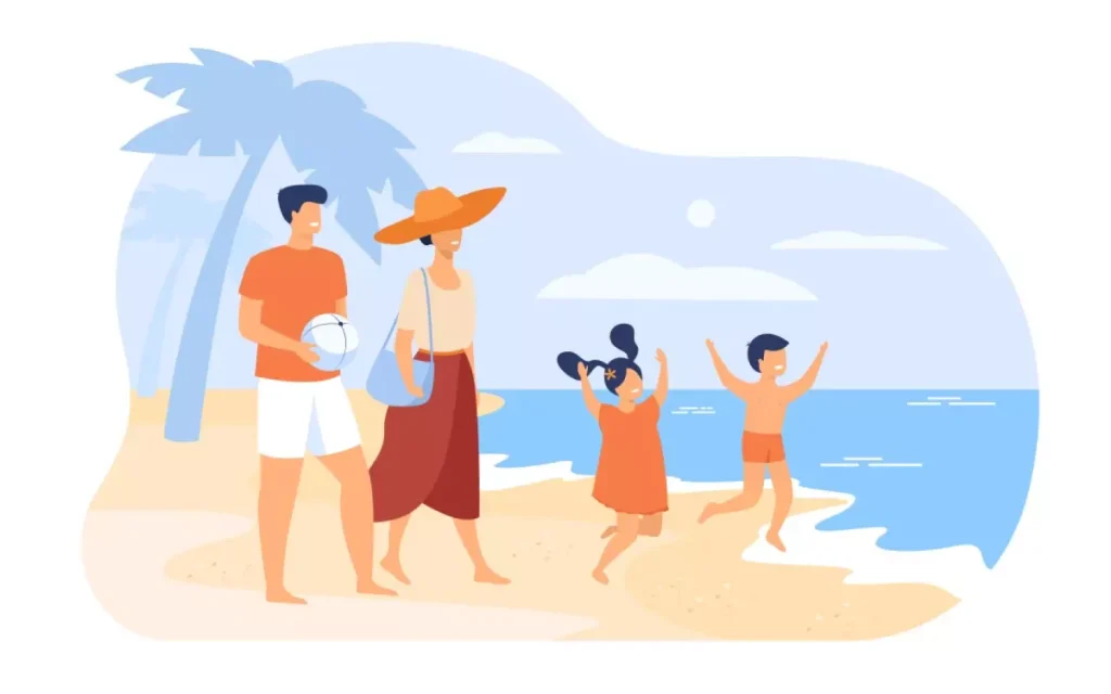 Família desfrutando férias na praia, com adultos e crianças se divertindo na areia e na água, símbolo de descanso e lazer durante férias da empregada doméstica.