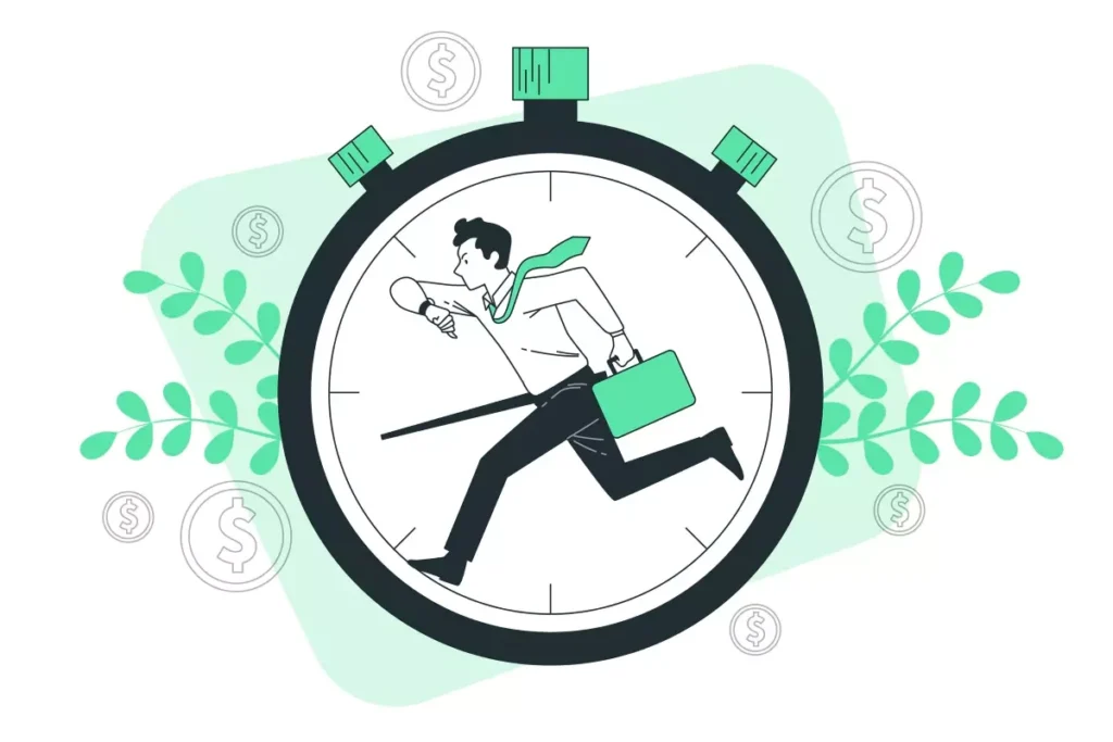 Ilustração de um homem correndo contra o tempo dentro de um relógio, representando o prazo para o recolhimento do INSS em atraso da doméstica, com elementos de dinheiro ao redor.