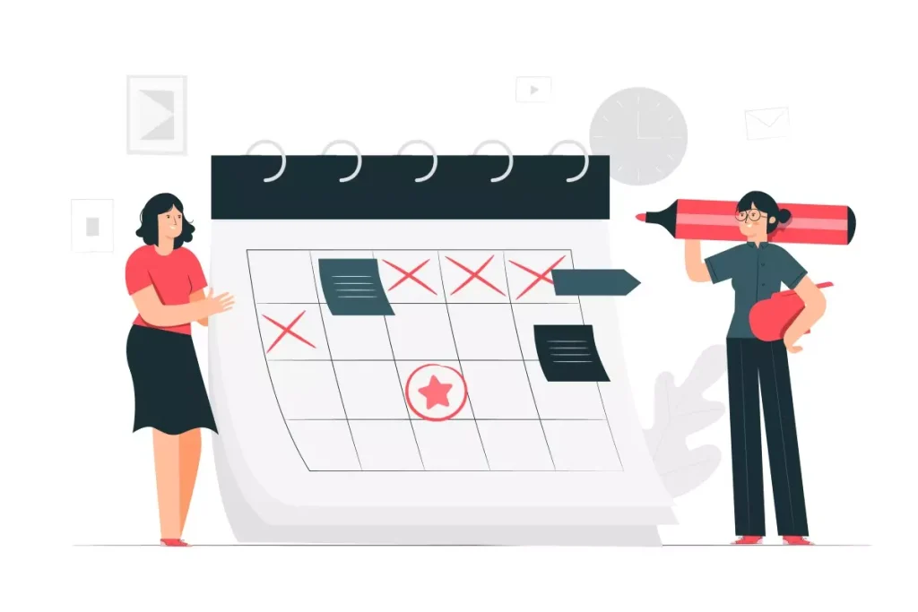 Ilustração de uma mulher e um homem planejando o calendário de obrigações do empregador doméstico no mês de janeiro, destacando tarefas importantes.