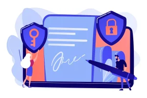 Imagem ilustrativa sobre rescisão no eSocial doméstico, com ícones de segurança e assinatura digital, destacando o processo de encerramento de contrato de trabalho doméstico.