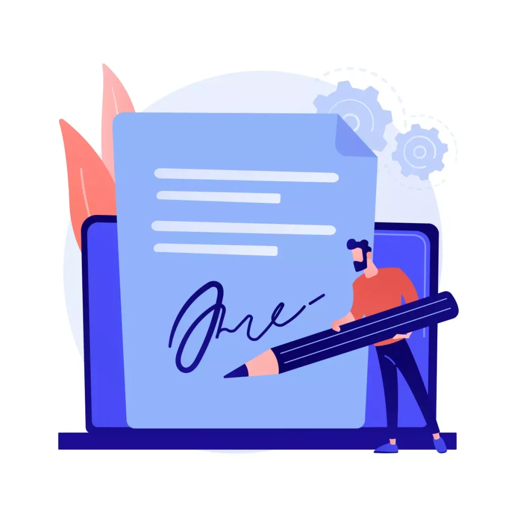 Imagem ilustrativa sobre a rescisão no eSocial doméstico, mostrando uma pessoa assinando um documento digital em computador com elementos gráficos relacionados ao tema.