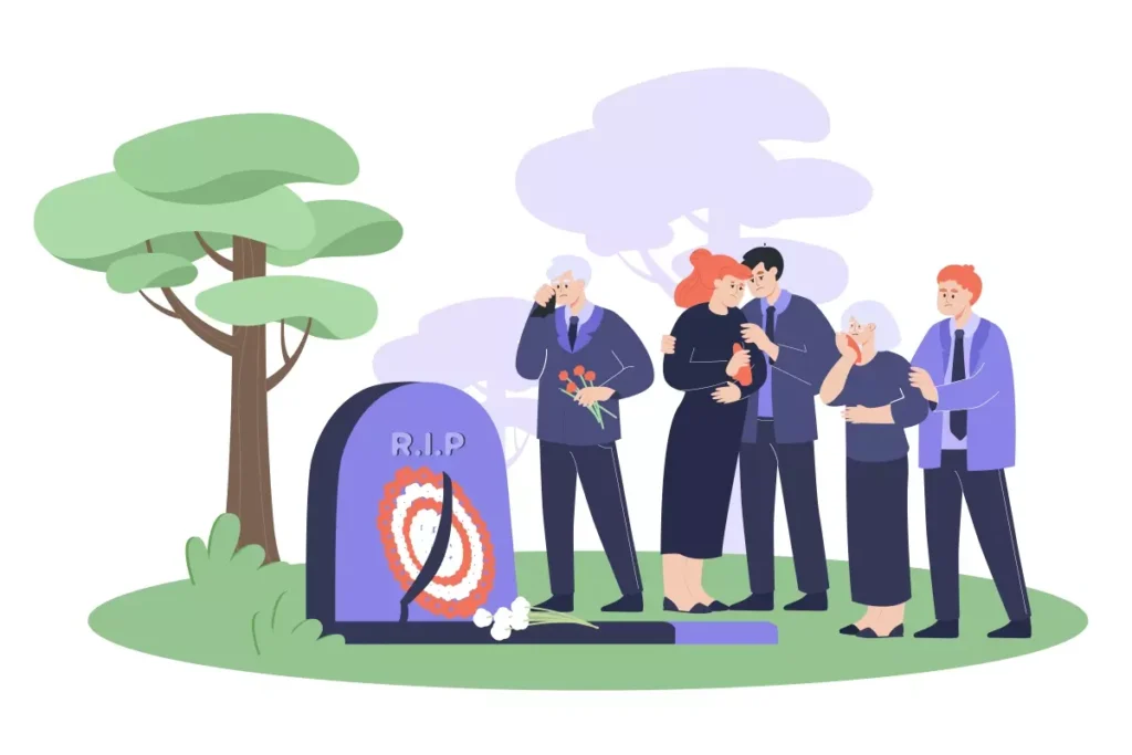 Ilustração de pessoas em homenagem a empregada doméstica falecida, com flores e um túmulo, simbolizando luto e despedida em um funeral.