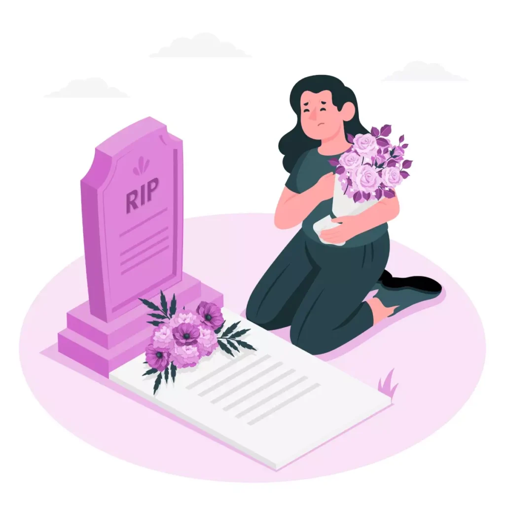 Ilustração de uma mulher ajoelhada ao lado de um túmulo, segurando um vaso de flores, em homenagem à empregada doméstica falecida, com sentimento de luto e homenagem.
