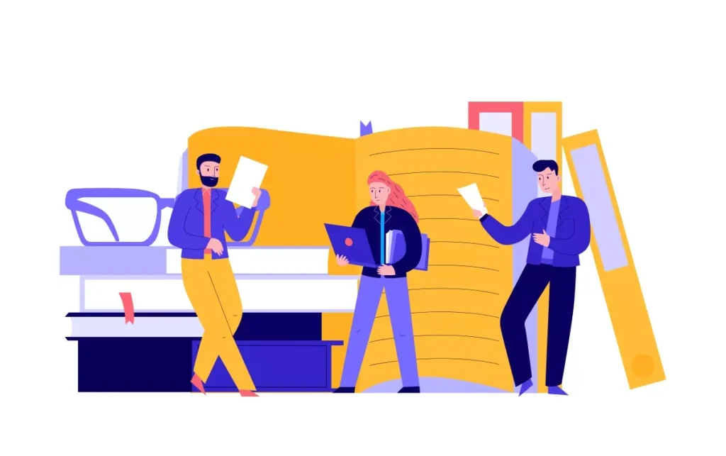 Ilustração com pessoas discutindo sobre problemas na justiça com empregados domésticos, com documentos e livros ao redor, representando questões legais.