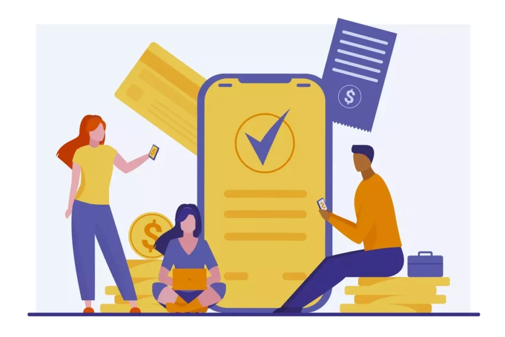 Imagem ilustrativa com pessoas utilizando dispositivos móveis, destacando um celular com marca de_check e papéis relacionados ao pagamento de salário no contexto de emprego doméstico, como comprovante de pagamento.