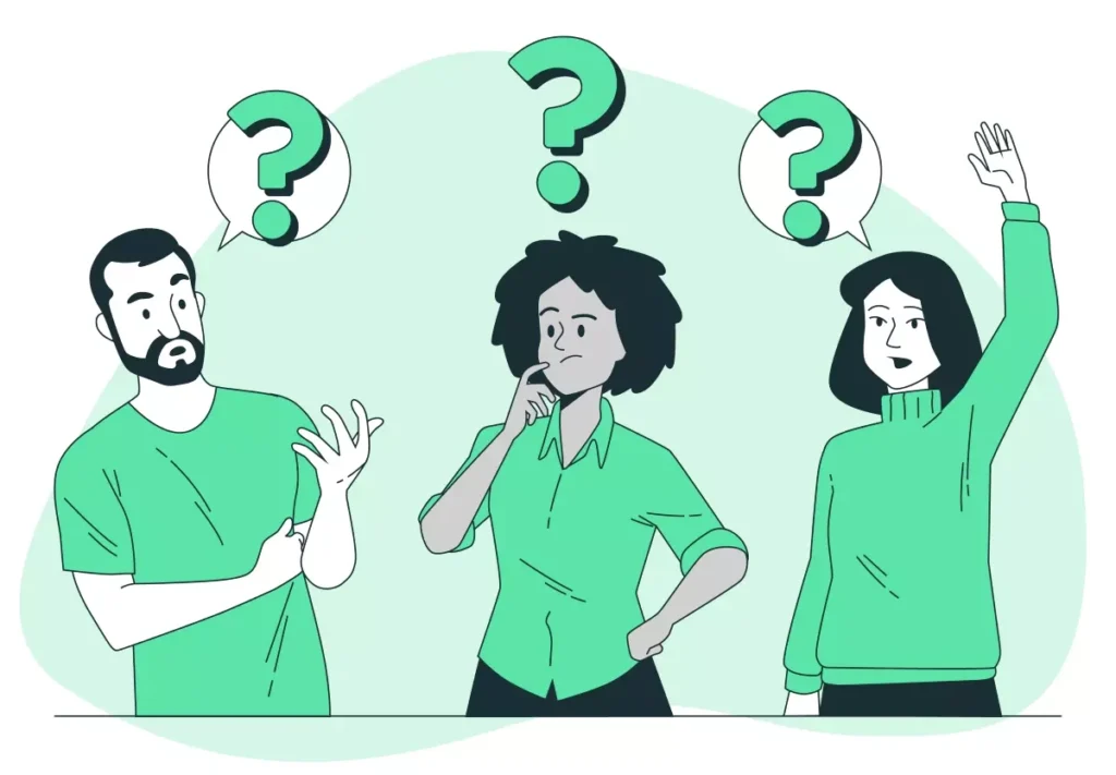 Ilustração de pessoas discutindo sobre serviços domésticos, destacando uma empregada que trabalha mais de duas vezes na semana, com balões de interrogação. Ideal para conteúdo sobre empregadas domésticas recorrentes.