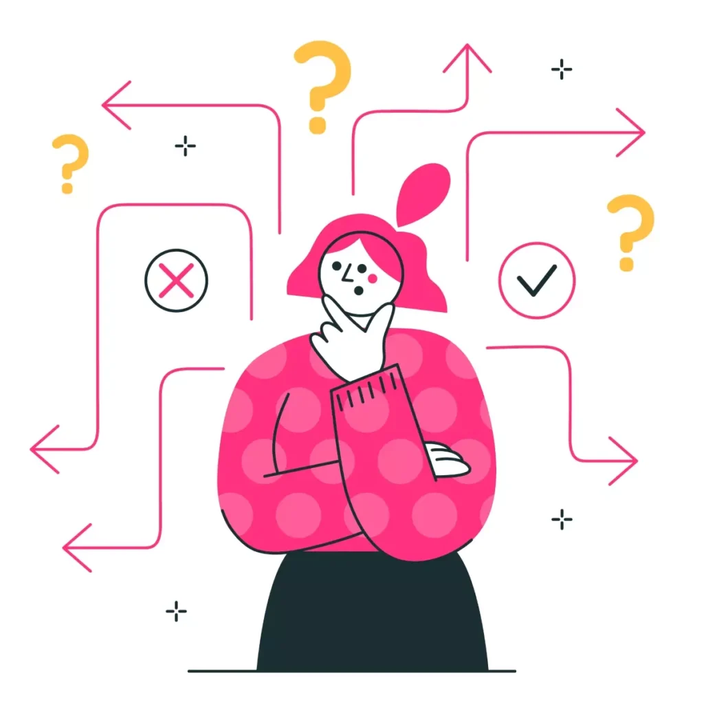 Ilustração de uma mulher com expressão pensativa, com várias setas e pontos de interrogação ao redor, representando decisões e dúvidas sobre empregadas domésticas que trabalham mais de duas vezes por semana.