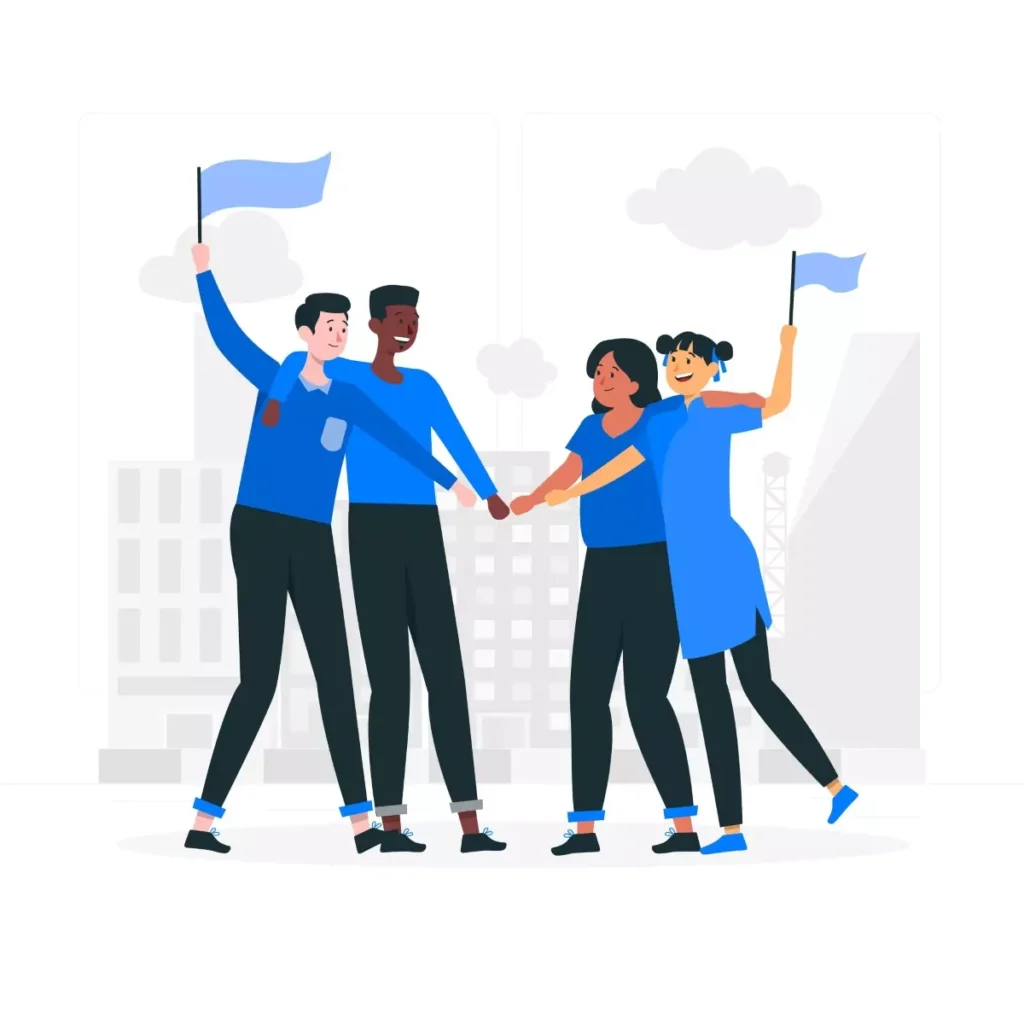 Grupo de pessoas celebrando união e luta pelos direitos dos trabalhadores domésticos, simbolizando sindicatos das domésticas, com bandeiras e ambiente urbano ao fundo.