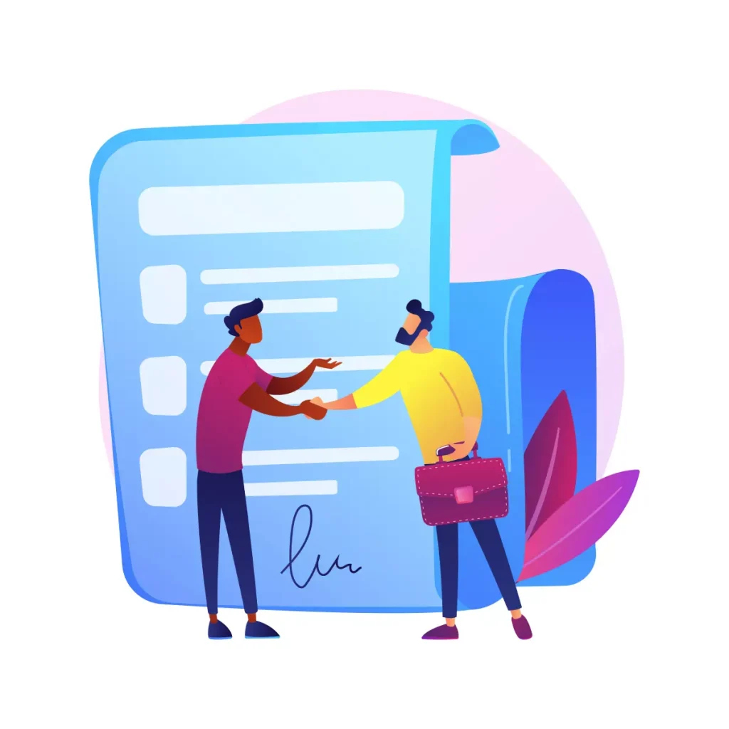 Ilustração de um contrato de trabalho com prazo determinado sendo assinado por duas pessoas, simbolizando o acordo trabalhista temporário, com elementos gráficos modernos e profissionais.