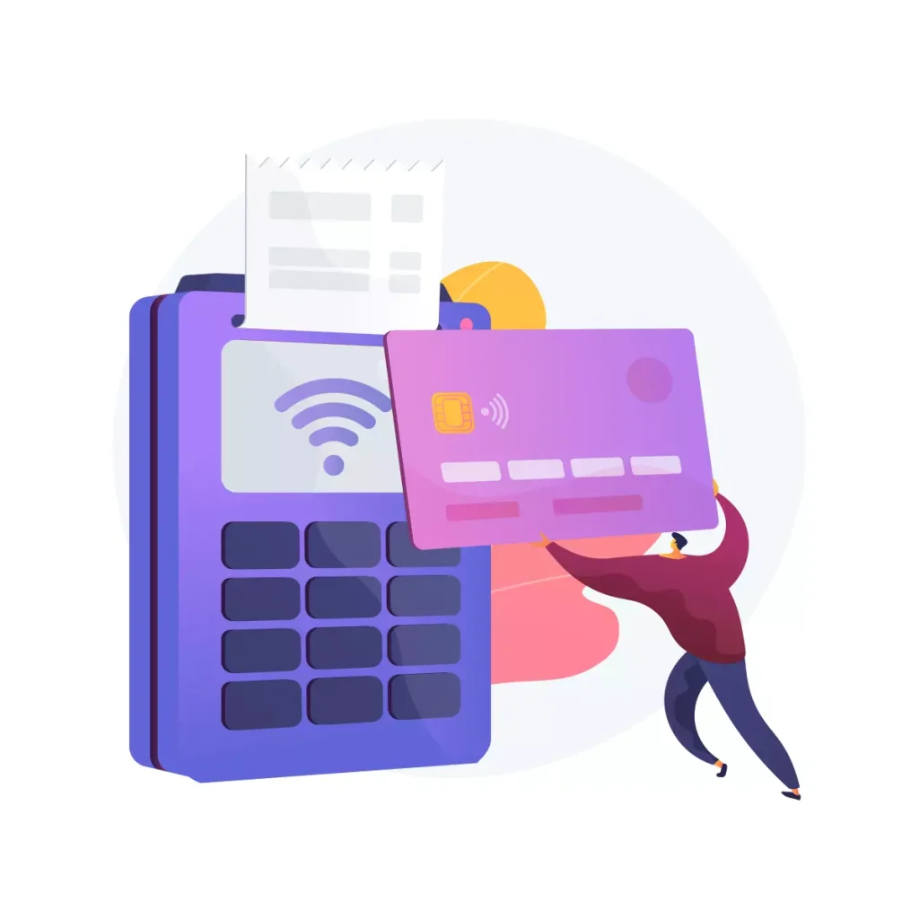 Ilustração de uma maquininha de cartão, com uma mão segurando um cartão de crédito e símbolos de pagamento eletrônico, representando o parcelamento das guias do eSocial doméstico.