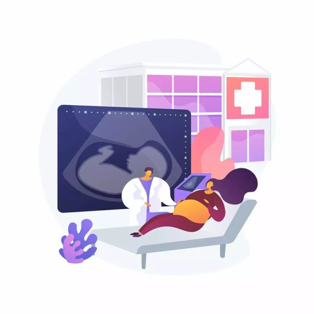 Ilustração de uma grávida fazendo ultrassom em consulta médica, simbolizando o retorno das grávidas ao trabalho presencial com segurança e cuidados de saúde.