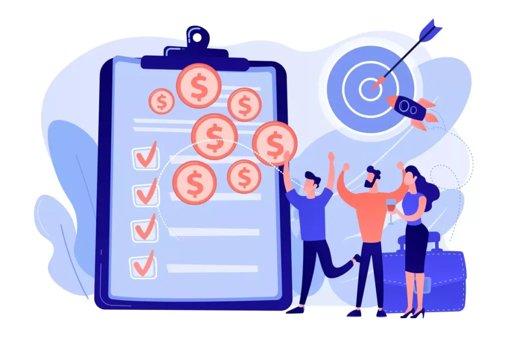 Ilustração representando o cálculo do salário de uma empregada doméstica, com uma planilha, dinheiro, e uma pessoa apontando uma flecha em direção à mira, simbolizando planejamento financeiro.