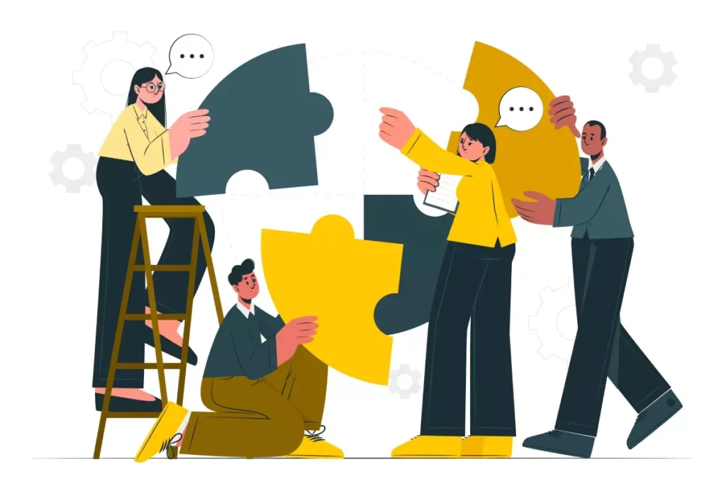 Ilustração de pessoas trabalhando juntas para comprovar vínculo no emprego doméstico, com peças de quebra-cabeça simbolizando a união e a documentação necessária.