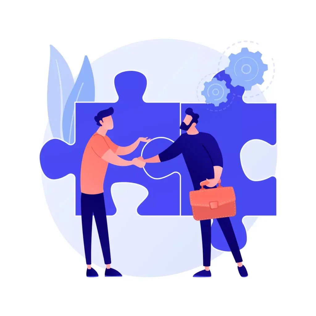 Ilustração mostrando duas pessoas apertando as mãos, simbolizando a comprovação do vínculo de emprego doméstico com peças de quebra-cabeça ao fundo.