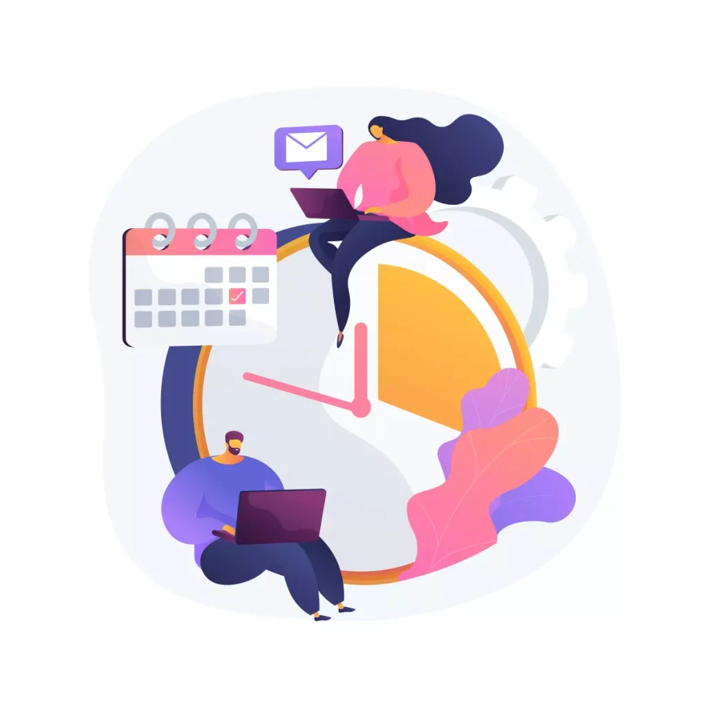 Ilustração de controle de ponto para empregada doméstica, mostrando uma mulher usando um notebook, com relógios, calendário e ícones de comunicação ao redor, representando a gestão eficiente do horário de trabalho.