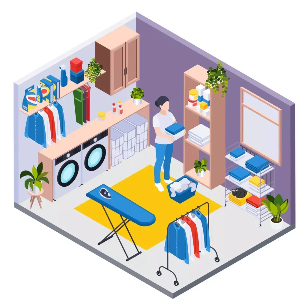 Imagem ilustrativa de uma empregada doméstica organizando roupas e utensílios em um cômodo bem equipado, com armários, pranchas, e decoração de ambiente familiar.
