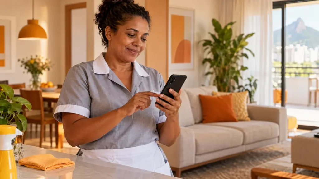 Mulher em uma casa confortável usando um celular enquanto gerencia o controle de ponto para empregada doméstica, com sala ao fundo e plantas decorativas.