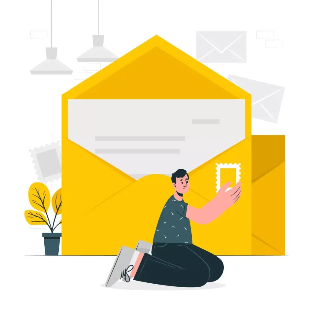 Imagem ilustrativa de uma mulher enviando uma carta de demissão da empregada doméstica, com uma grande carta envelope amarela ao fundo.