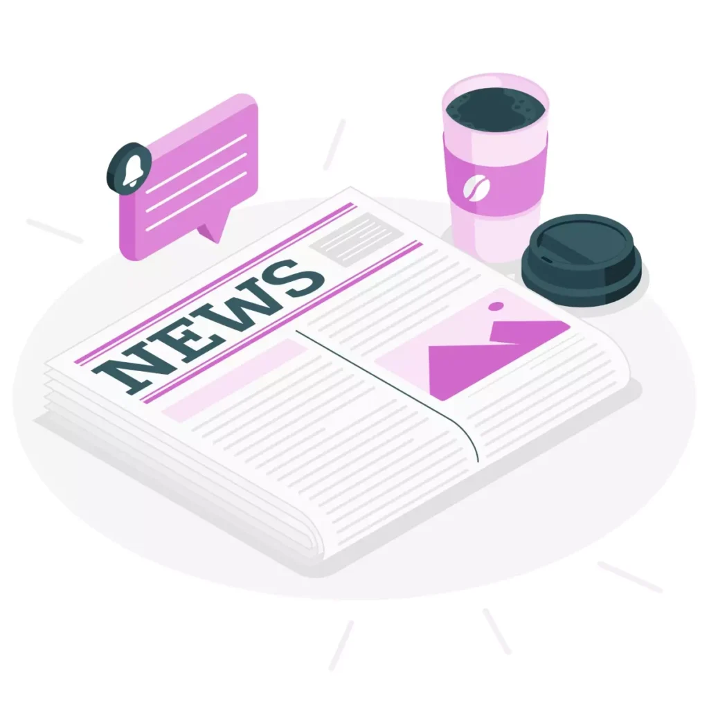 Ilustração de uma notícia de jornal, uma xícara de café, um copo de café e uma tampa de copo, representando dificuldades com eSocial.
