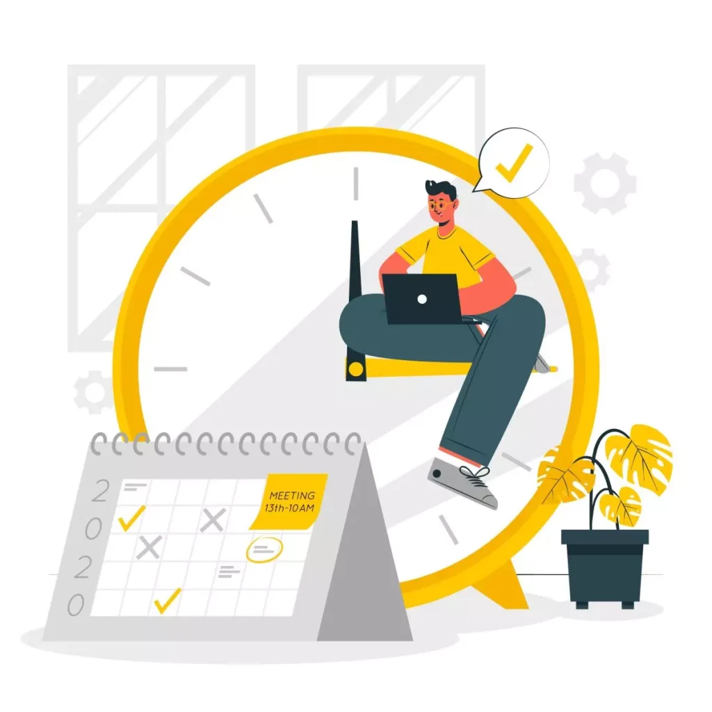 Ilustração de uma empregada doméstica ao lado de um relógio de parede, simbolizando a carga horária semanal empregada doméstica, com agenda e plantas ao fundo, representando organização e rotina de trabalho.