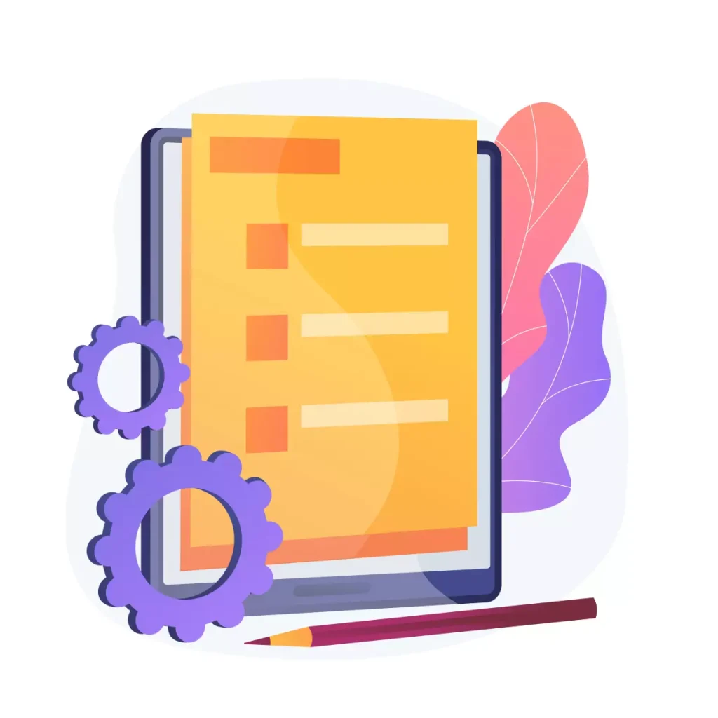 Documento digital sobre contrato de trabalho no eSocial doméstico, com ícones de engrenagens indicando processos e configurações, e elementos de papel e lápis para assinatura.