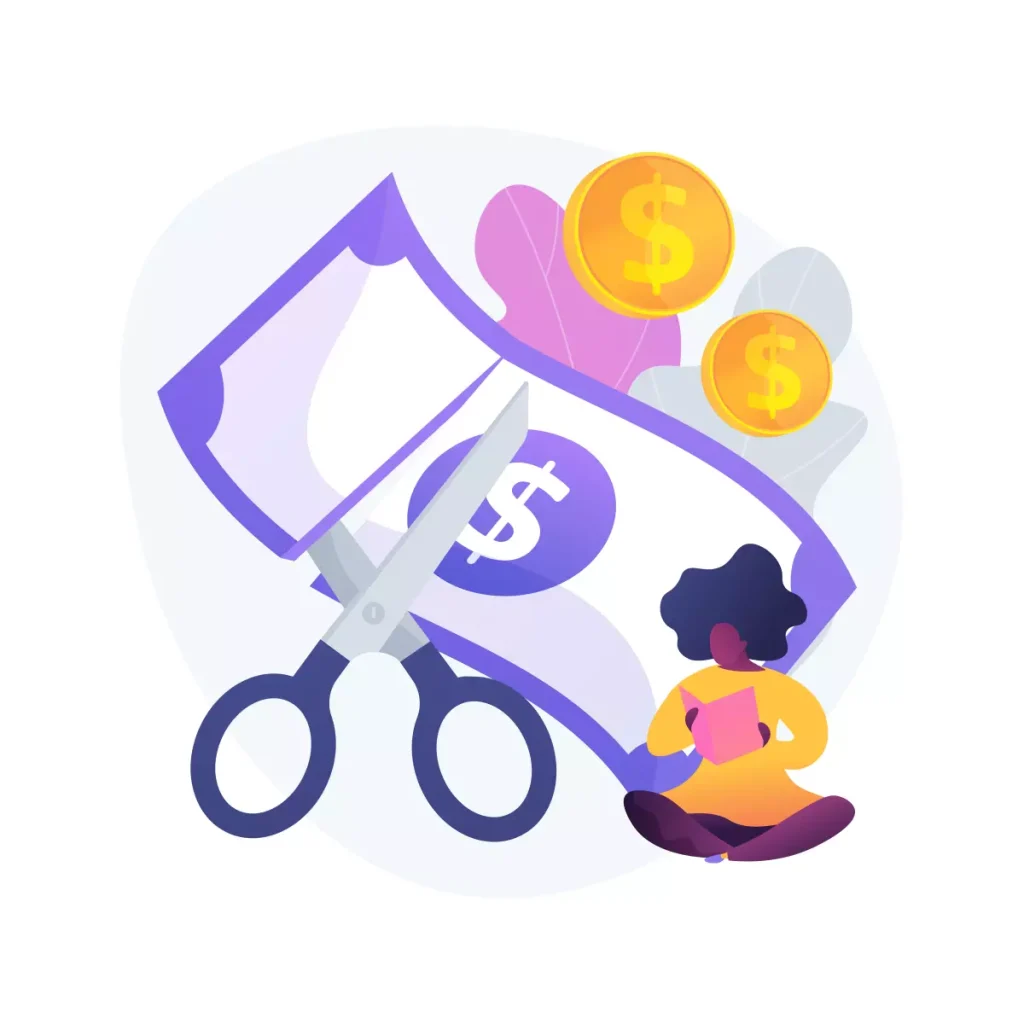 Ilustração representando descontos no salário do empregado doméstico, com uma faca cortando uma folha de papel com símbolo de dinheiro, simbolizando redução de remuneração.