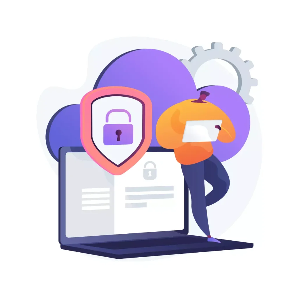 Ilustração representando segurança e tecnologia relacionada ao lançamento de férias retroativas no eSocial doméstico, com elementos de cadeado, laptop e engrenagem.