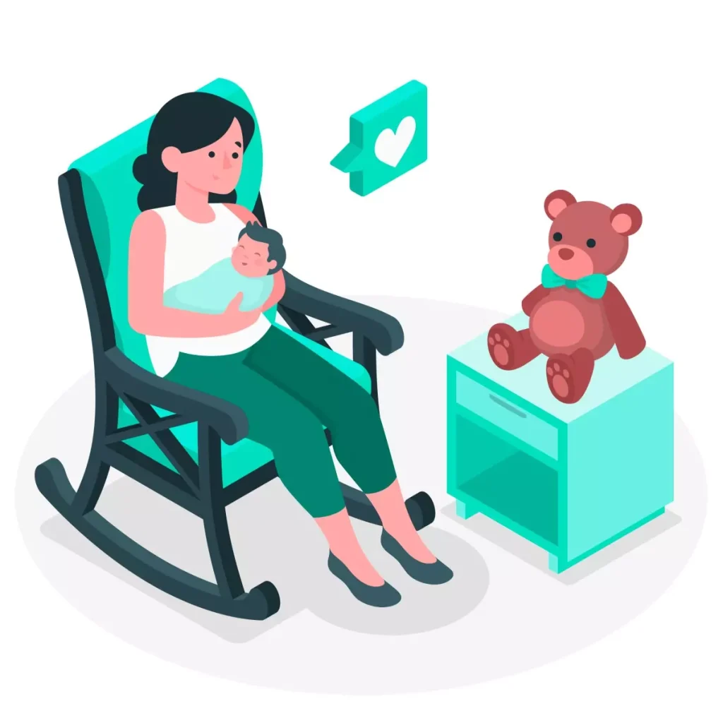 Ilustração de uma empregada doméstica sentada em uma cadeira de balanço, amamentando seu bebê com um urso de pelúcia ao lado, representando a licença-maternidade da empregada doméstica.