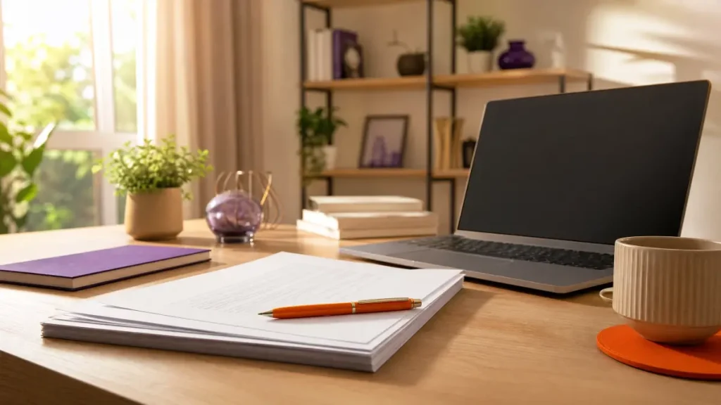 Mesa de escritório com laptop aberto, papéis e caneta sobre a mesa, em um ambiente doméstico organizado, sugerindo preparo de documentos. Contrato De Trabalho No eSocial Doméstico