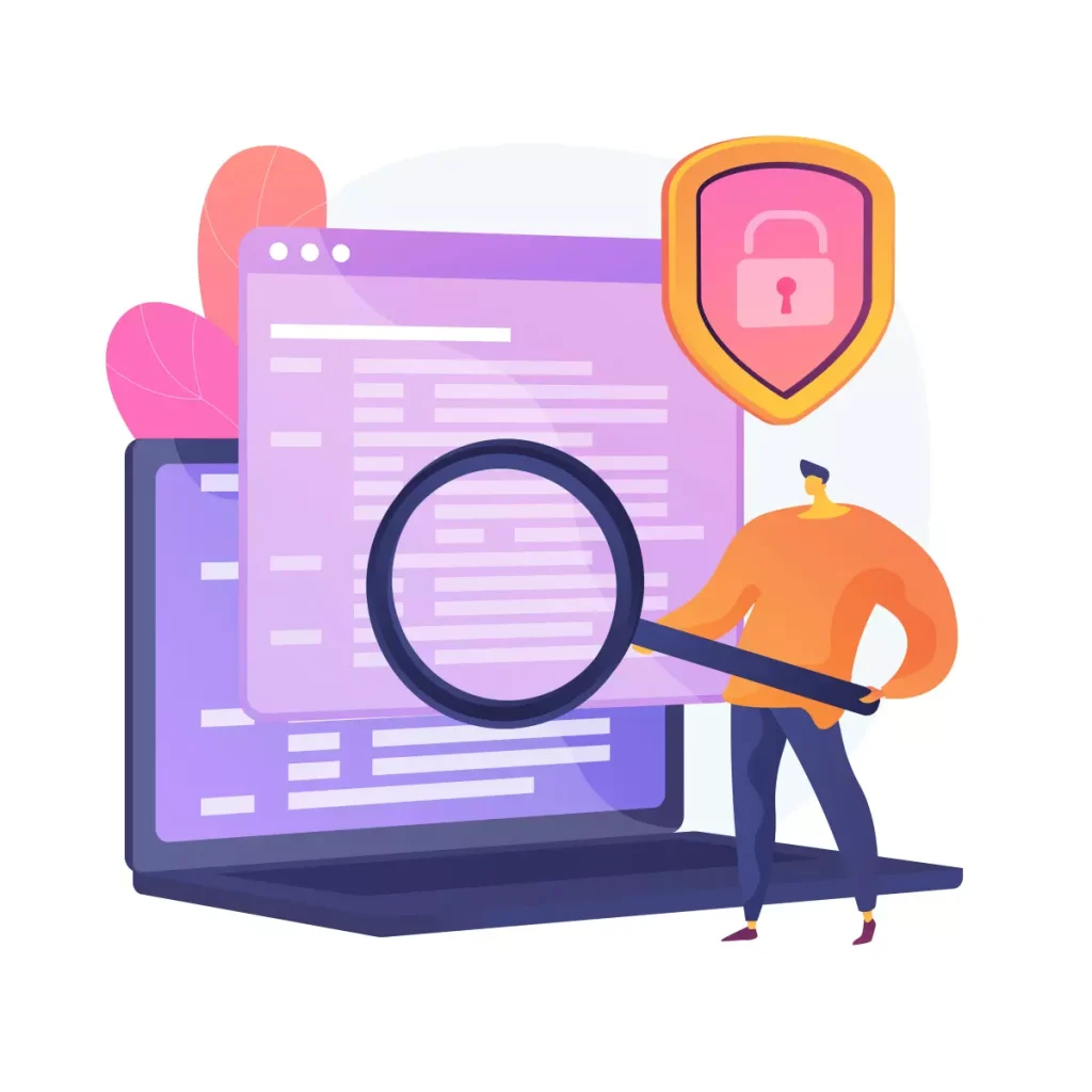 Imagem ilustrativa relacionada ao eSocial doméstico, mostrando um computador com uma lupa e escudo de segurança, simbolizando proteção e gerenciamento de dados.