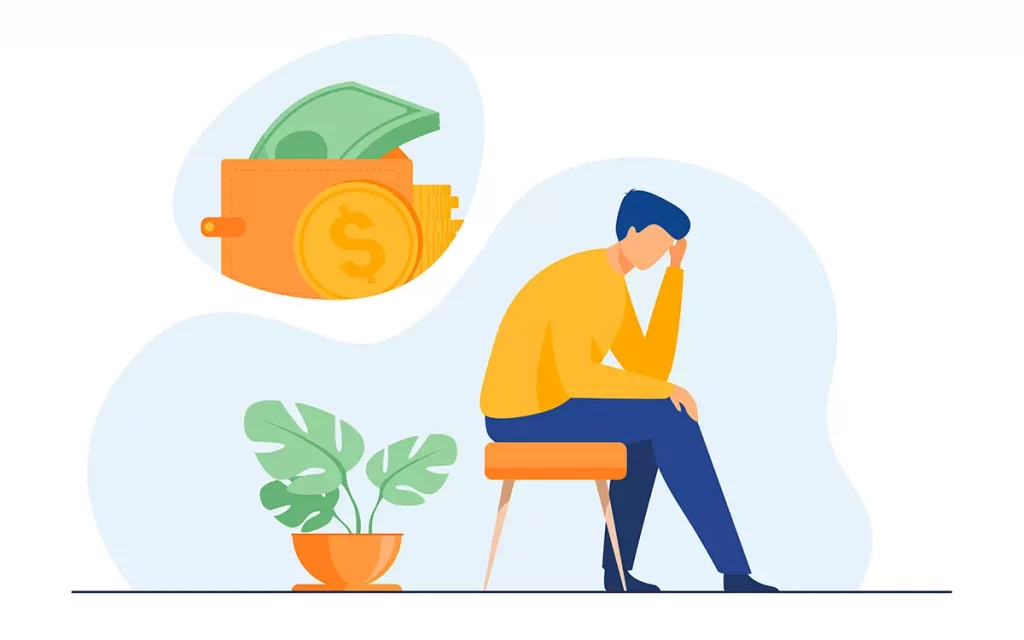 Ilustração de uma pessoa pensativa sentada, com ícones de dinheiro e folhas ao fundo, representando reflexão financeira e economia doméstica, ideal para conteúdo de finanças pessoais.