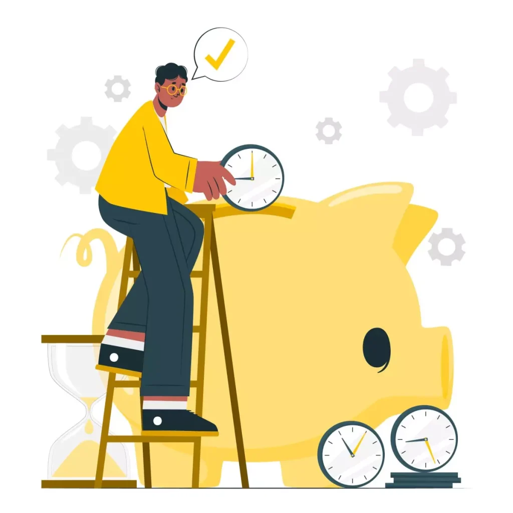 Ilustração de uma pessoa calculando o salário da babá usando relógios e uma grande moeda de porquinho, representando o cálculo de salário de forma simples e clara.