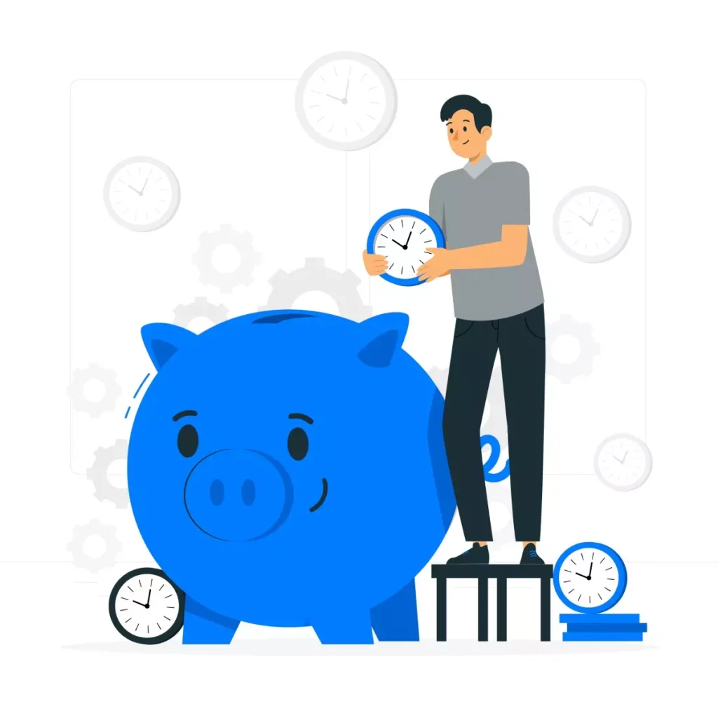 Imagem ilustrativa explicando como fazer o pagamento de hora extra da empregada doméstica, com um homem medindo o tempo ao lado de uma porquinha de cofrinho azul e relógios.