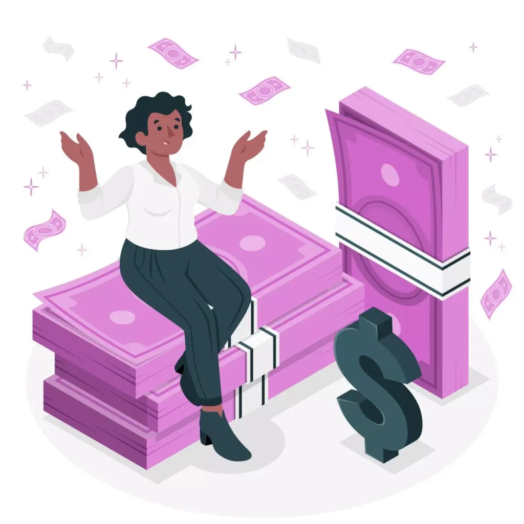 Ilustração de uma mulher relaxando em um sofá de dinheiro, com um laptop e notas de dinheiro flutuando ao redor, relacionada ao custo de uma empregada doméstica.