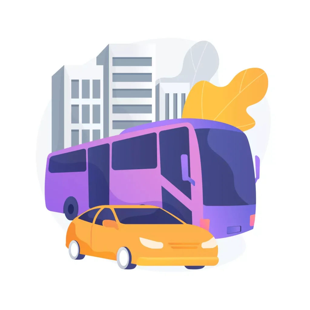 Imagem representando transporte de empregado doméstico com ônibus e carro em frente a edifícios, destacando o benefício de vale-transporte para trabalhadores domésticos.