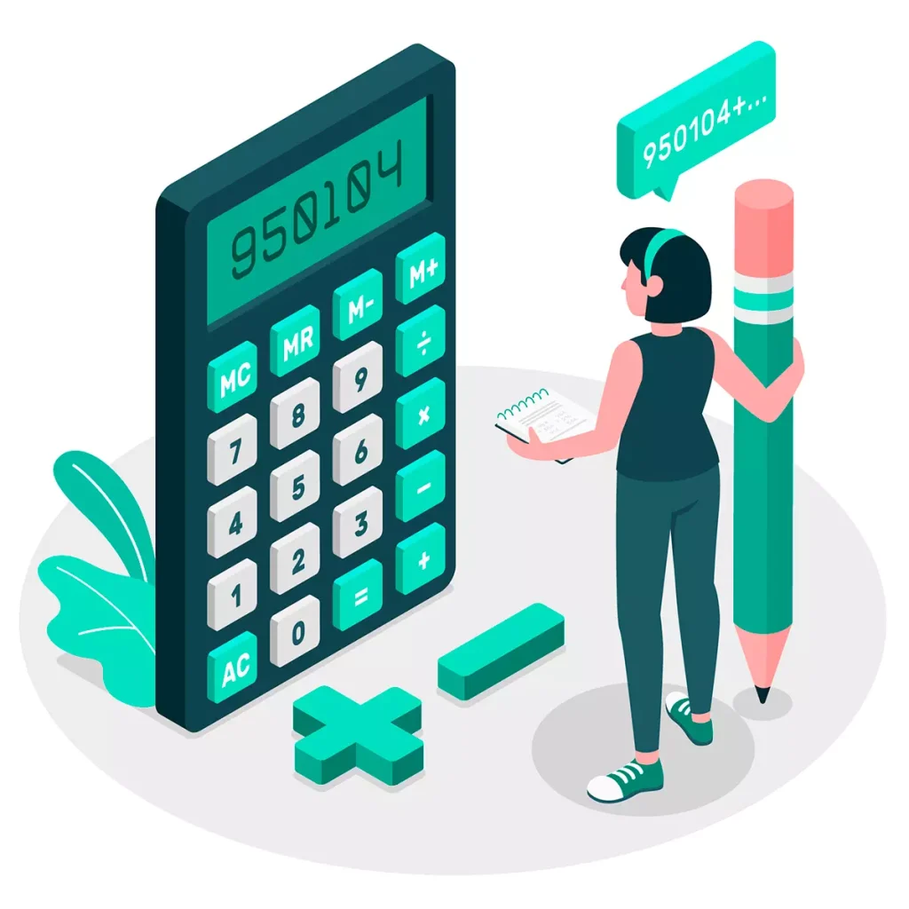 Ilustração de uma mulher calculando férias da empregada doméstica com uma calculadora grande, lápis e caderno, representando o cálculo de férias trabalhistas.