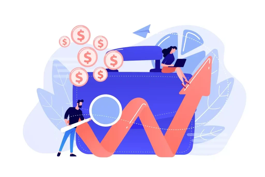 Ilustração representando aumento de salário no eSocial doméstico com gráfico ascendente, lupa e ícones de dinheiro, destacando o tema 'como alterar salário no esocial doméstico'.