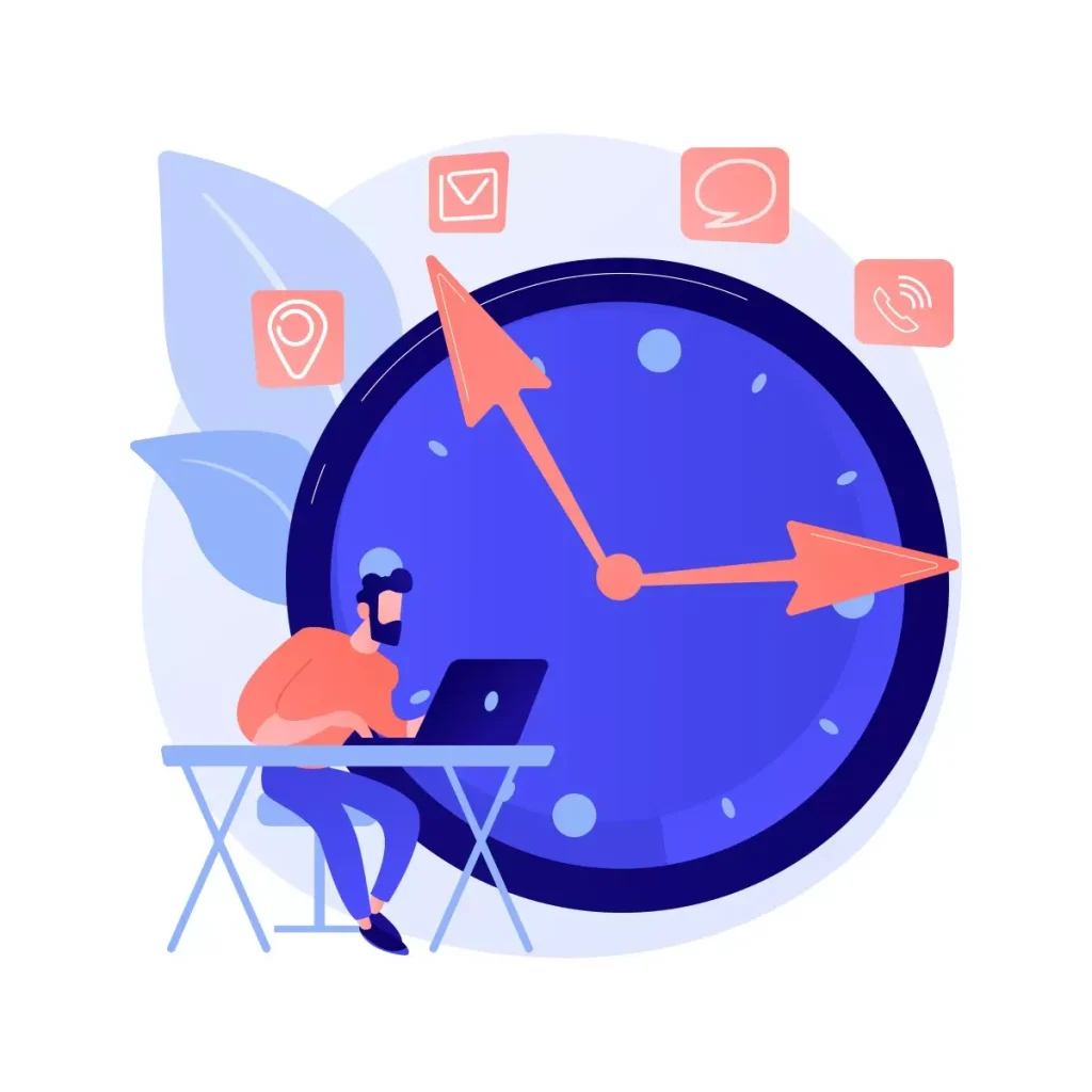 Ilustração de um controle de ponto do empregado doméstico com um relógio grande ao fundo e uma pessoa usando um computador, simbolizando o gerenciamento eficiente do horário de trabalho.