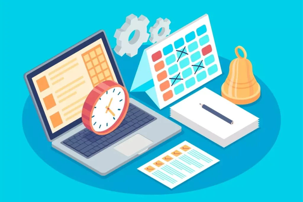 Imagem ilustrativa de ajuste retroativo de salário no eSocial com computador, calendário, relógio, documentos e símbolos de configuração.