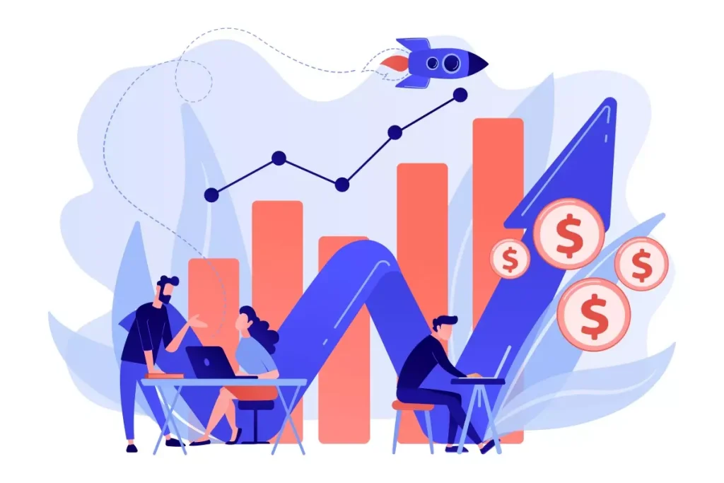 Ilustração representando o cálculo de férias da empregada doméstica, com gráficos de crescimento, moedas e uma pessoa analisando dados.