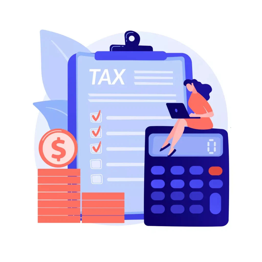 Imagem ilustrativa sobre cálculo do FGTS empregada, mostrando uma mulher usando calculadora, uma lista de tarefas e símbolo de dinheiro, simbolizando o processo de cálculo e questões fiscais relacionadas ao FGTS.